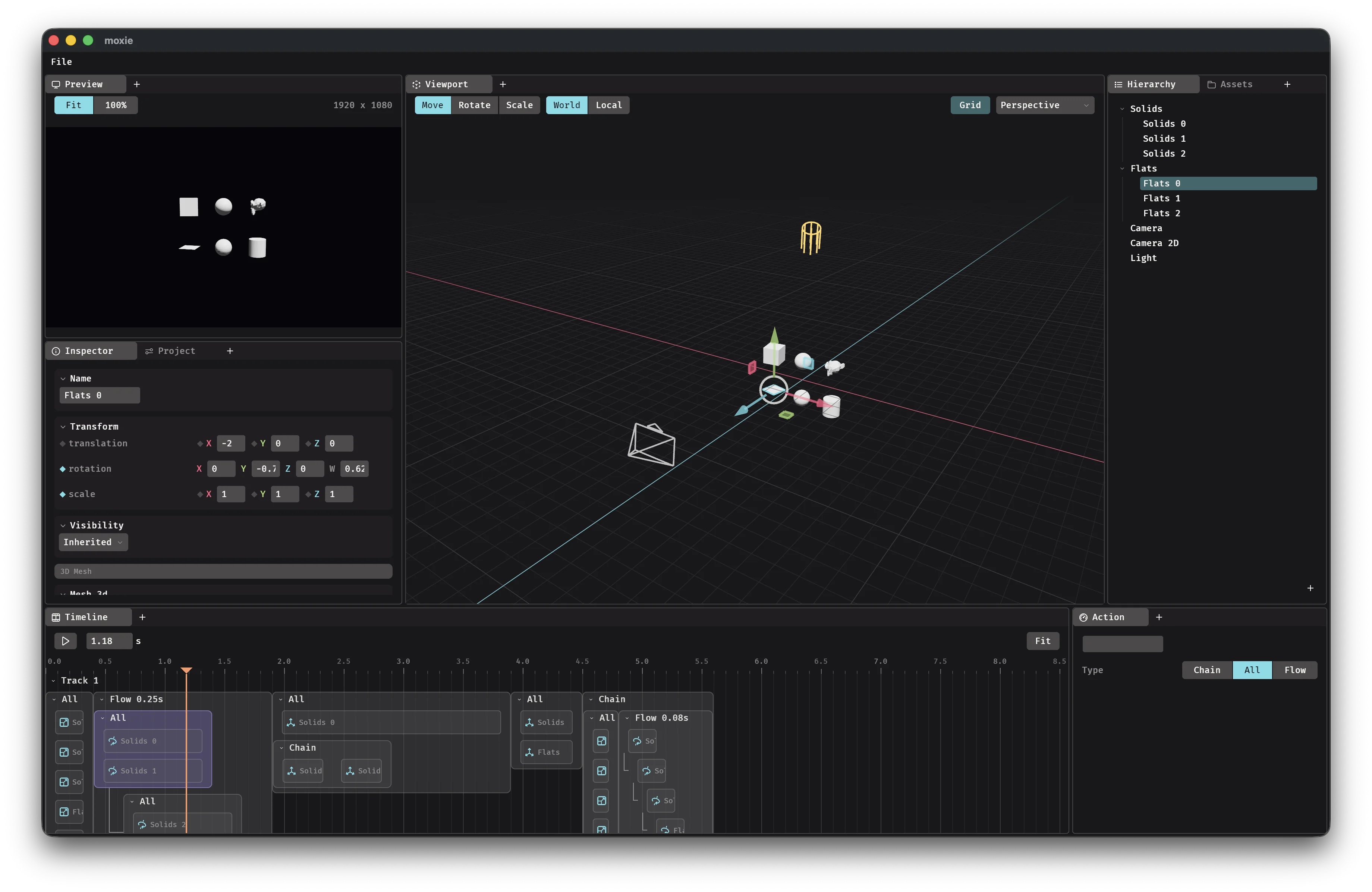 Moxie, a Bevy editor for MotionGfx, showing its hierarchy, viewport, inspector, and timeline panels